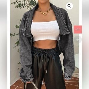 Dazy Cropped Dropped Shoulder Asymmetrical Hem Retro Acid Wash Black Jean Jacket